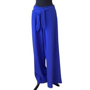 Cato Royal Blue Wide-Leg Dress Pants Sz M Tie Belt Waist Ruffle Detial Pockets